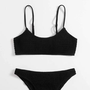 Black Smocked Crinkle Bikini